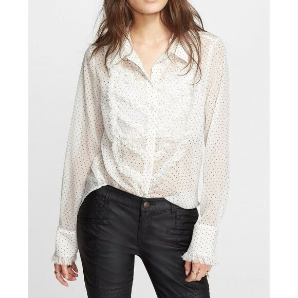 Free People White Sheer Polka Dot Tux Shirt Size M - Picture 1 of 11